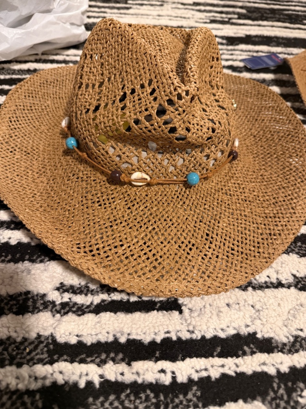 True Religion Tan Straw Fedora with Turquoise and Shell Bead Band